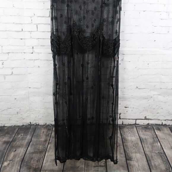 STERLING STYLES VINTAGE BLACK SLEEVELESS SHEER BEADED OVERLAY SHIFT DRESS SIZE L - Picture 5 of 9